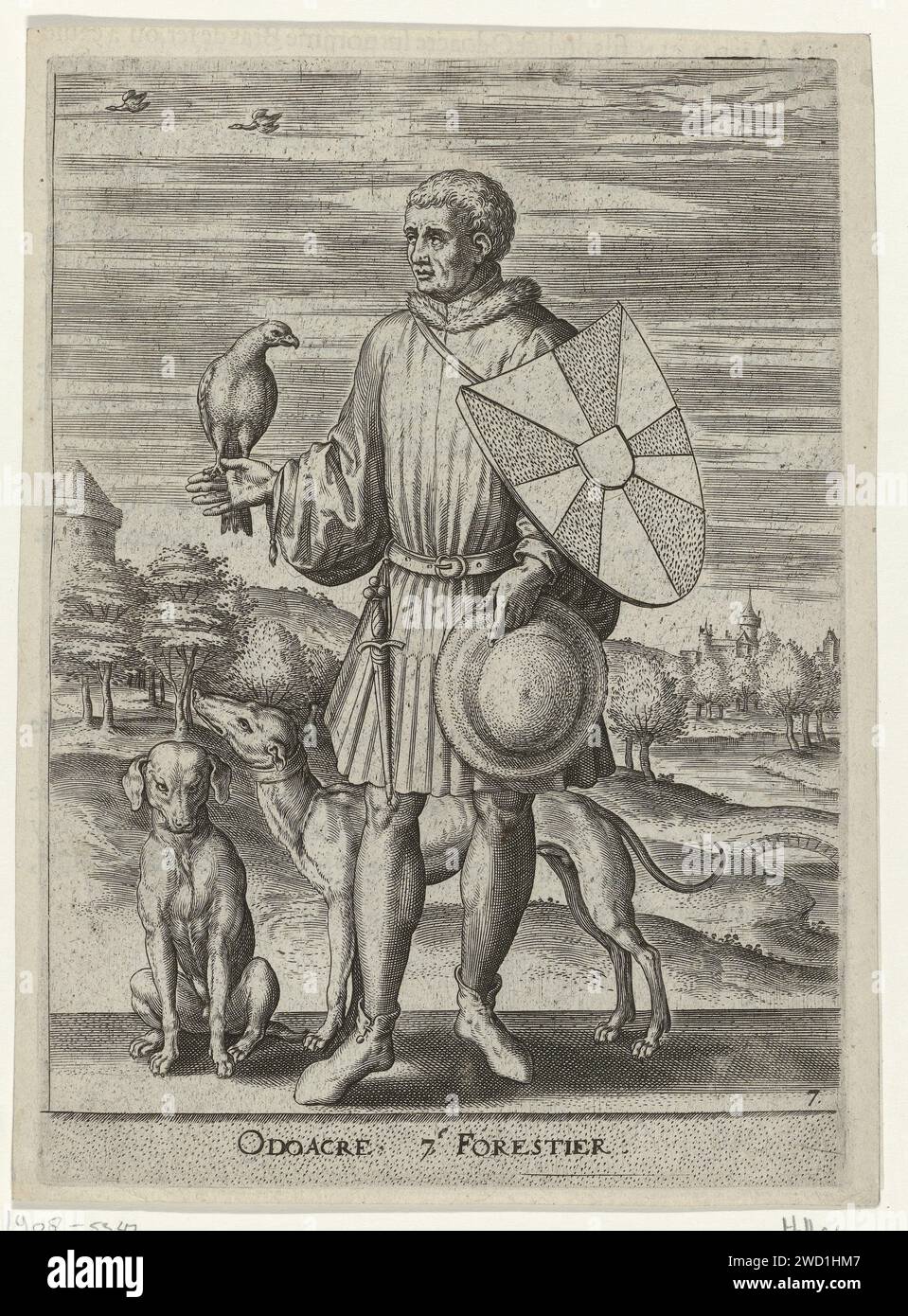 Porträt von Odaker, Markgraaf van Vlaanderen, Peeter Baltens, 1584 Druck Odaker, der siebte vorläufer von Flandern, in Jagdeinheit. Er trägt das ehemalige Wappen von Flandern. Zwei Jagdhunde neben ihm. Der Druck ist eine Illustration in einem Buch über die Geschichte der Gräber von Flandern. Antwerpener Papiergravur Stockfoto