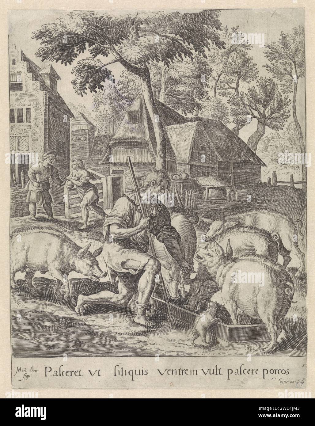 Der verlorene Sohn als Schweineherde, Crispijn van de Passe (I), nach Maerten de Vos, 1580–1588 drucken der verlorene Sohn als Schweineherde. Er hat kaum Kleidung und muss sogar vom Schweinestrom essen. Am Rand eine Beschriftung in lateinischer Sprache. Antwerpener Papier, in dem der verlorene Sohn graviert ist, pflegt die Schweine und isst aus ihrem Trog Stockfoto