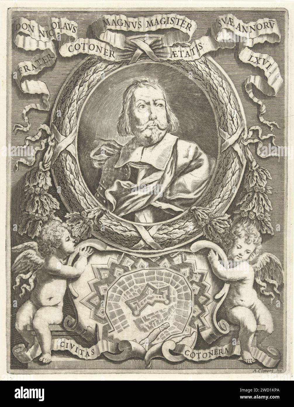 Porträt von Nicolás Cotoner, Albertus Clouwet, 1666–1679 Druck Porträt in ovaler Liste von Nicolás Cotoner, Großmeister des Malteserordens. Nach rechts. Am unteren Rand des Abdrucks halten zwei Engel eine Kartusche mit der Karte der Sacra Infermeria in Valletta. Rom Papierstich Valletta Stockfoto