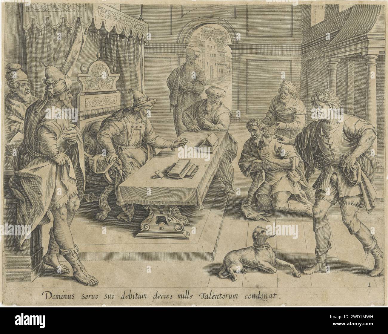 König Scheldt der nicht-markierende Diener seine Schulden, Anonym, 1585 Ein Diener kniet für seinen König und fleht ihn an, Geduld mit ihm zu haben, damit er noch Zeit hat, seine Schuld von zehntausend Talenten zu begleichen. Zwei Gläubiger zeigen auf den Mann. Der König, der hinter einem Tisch sitzt, hat Mitleid und beschimpft ihm seine Schuld. Unter der Aufführung ist ein lateinischer Verweis auf den Bibeltext zu finden. Antwerpener Papier mit dem Gravur des unbarmherzigen Dieners: Der König vergibt ihm seine Schulden  Gleichnis von Christus (Matthäus 18:23-35) Stockfoto