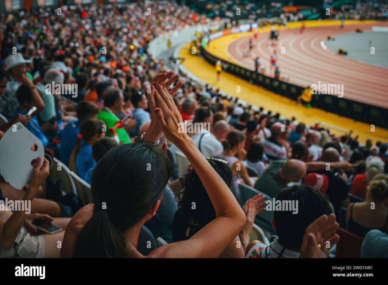 Fans unterstützen Athleten beim Leichtathletik- und Feldrennen. Frau, die Sprintern im modernen Stadion anfeuert. Foto für die Sommerspiele in Paris Stockfoto