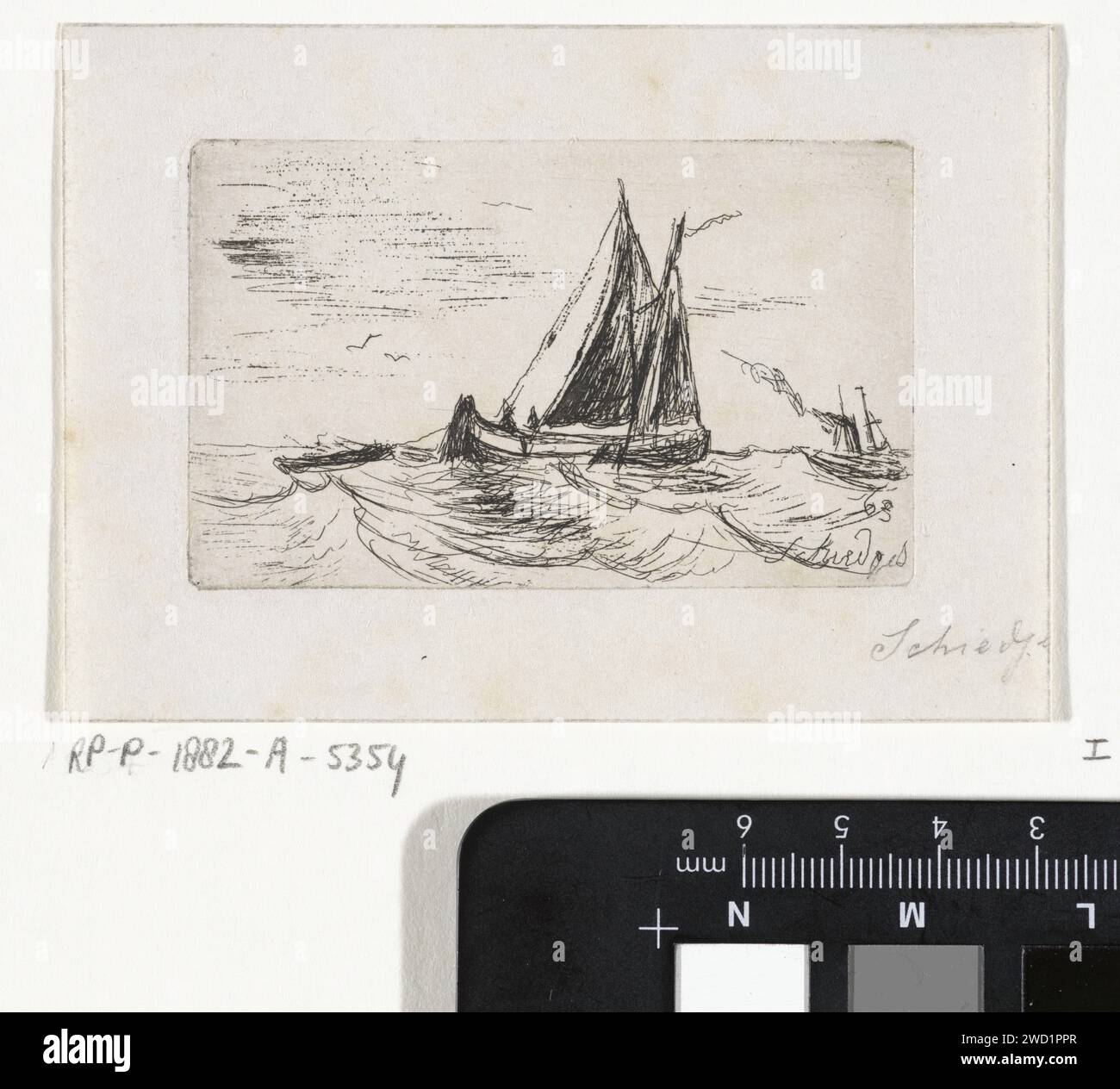 Segelschiff auf See, Petrus Paulus Schiedges (I), 1863 Print Ein Segelschiff zieht eine Schaluppe und segelt nach rechts. Ein Dampfboot rechts im Hintergrund. Das Haager Papier ätzt Segelschiff, Segelboot Stockfoto