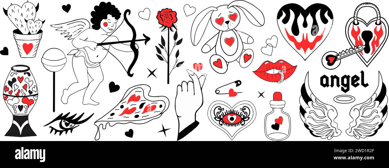 Valentinstag-Set mit Elementen. Love Modern Kollektion Handzeichnung mit brennendem Herzen, Blume, Rose.Y2K 2000er Jahre süße Emo Gothic ästhetische Aufkleber Stock Vektor