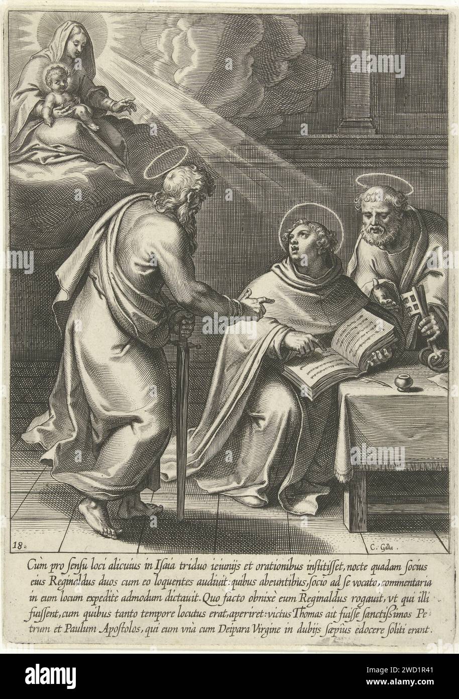 Thomas von Petrus und Paulus lehrte, Cornelis Galle (I), nach Otto van Veen, 1610 Druck Thomas van Aquino ist überrascht in seinem Studium von Peter und Paulus. Er hat eine Vision von Maria mit dem Kind. Drucken Sie aus einer Serie von 30 Drucken, die die Lebensgeschichte von Thomas von Aquino repräsentieren. Die von Otto van Veen entworfenen und veröffentlichten Drucke wurden von C. Boel, E. van Paenderen, C. Galle und G. Swanenburgh gefertigt. Druckerei: Südhollandspublisher: Antwerpener Papierstich Peter und Paul erscheinen zu St. Thomas von Aquin in seinem Arbeitszimmer Stockfoto