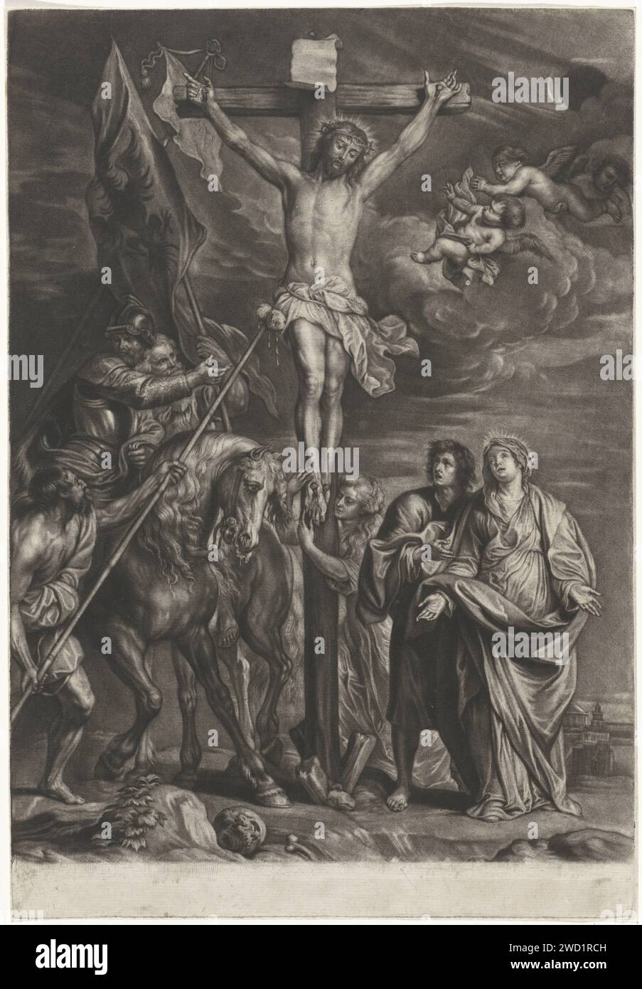 Christus am Kreuz, Jacob Gole, nach Anthony Van Dyck, 1670–1724 Druck Amsterdam Papier umfassende Darstellungen der Ereignisse auf Golgatha während Christi Hängen am Kreuz, kein besonderes Ereignis betont Stockfoto