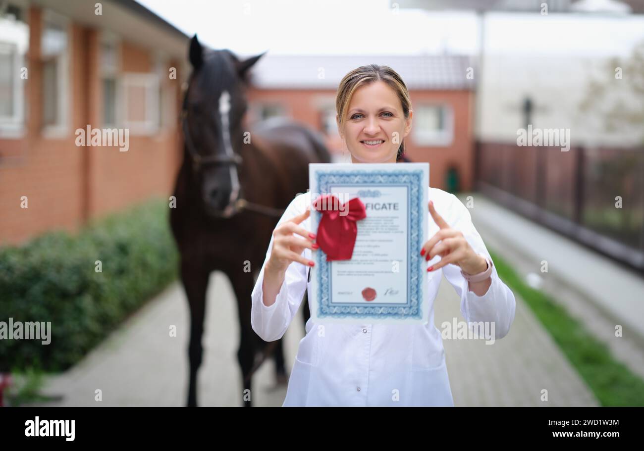 Der Tierarzt besitzt ein ärztliches Attest für Vollblutpferde Stockfoto