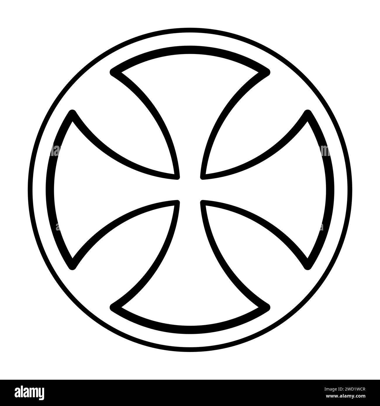 Frühes keltisches Kreuz, ein Kreuzpatty, mit abgerundeten Enden der Arme, manchmal auch Kreuz alisee genannt, auch bekannt als Kreuzform. Symbol und Zeichen. Stockfoto