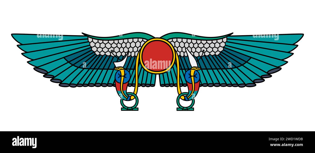 Die geflügelte Sonne von Theben. Sonnensymbol des Göttlichen, Königs und der Macht im alten Ägypten, eine geflügelte Sonnenscheibe, die auf beiden Seiten mit einem Uraeus flankiert ist. Stockfoto