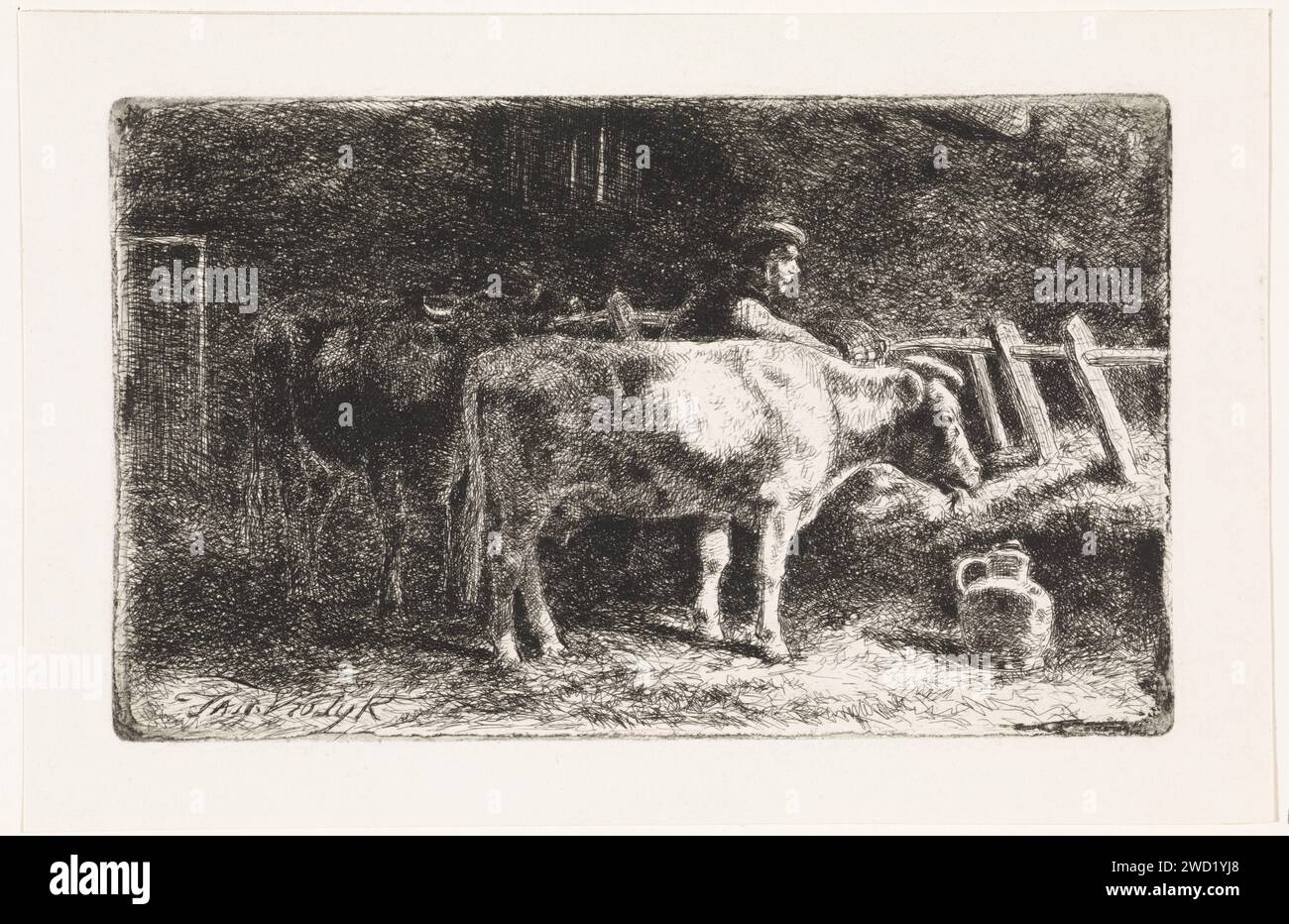 Landwirt zwischen zwei Kühen an einem Regal in einem Stall (große Variante), Jan Vrolijk, 1860 - 1885 drucken die Haager Papierätzkuh. Standfestigkeit. Landwirte Stockfoto