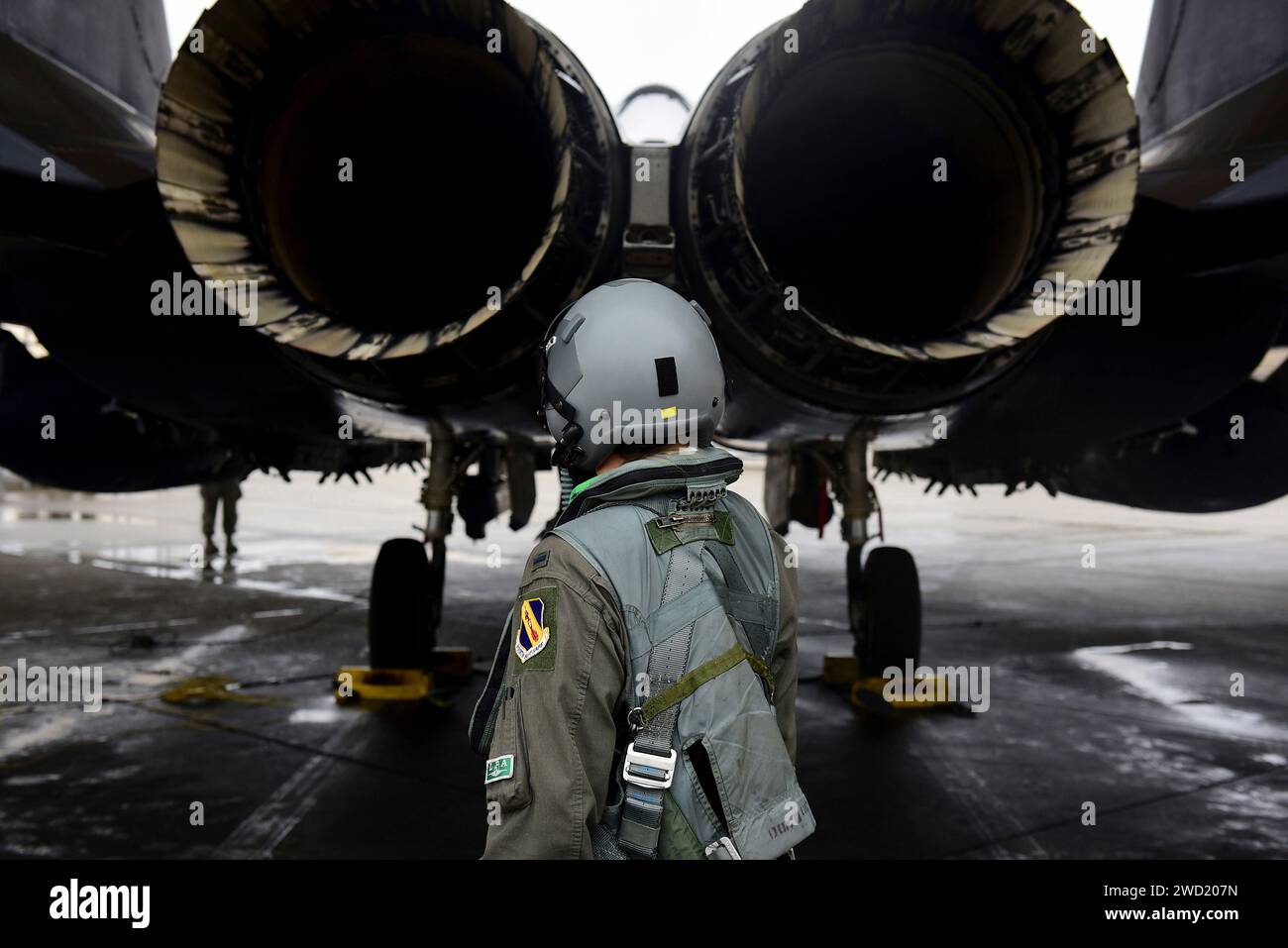 Ein Offizier der US-Air Force führt eine Vorflugkontrolle an einem F-15E Strike Eagle durch. Stockfoto