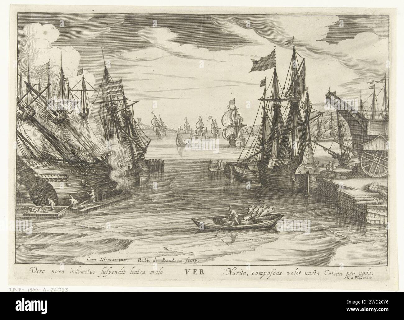 Frühling, Robert de Baudous, nach Cornelis Claesz van Wieringen, 1591 - in oder vor 1618 drucken Hafengesicht mit einem Kran auf der rechten Seite und einem Ruderboot in der Mitte im Vordergrund. Auf der linken Seite wird ein Boot getötet. Mit einer Unterschrift auf Latein. Drucken Sie aus einer Serie, in der die vier Jahreszeiten als Meereslandschaften dargestellt werden. Amsterdam Papiergravur Frühling  menschliche Aktivitäten (die vier Jahreszeiten). Frühlingslandschaft; Landschaft, die den Frühling symbolisiert (die vier Jahreszeiten). hafen. Dockkran Stockfoto