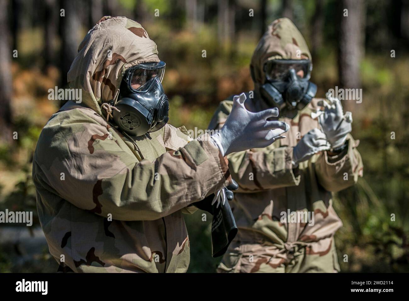 Soldaten, die bei chemischen, biologischen, radiologischen und nuklearen Angriffen Schutzausrüstung an- und entfernen. Stockfoto