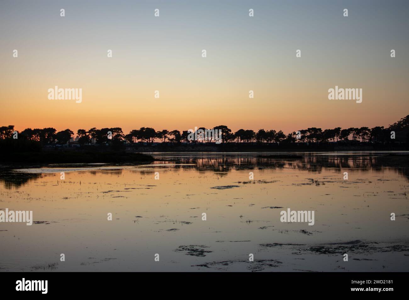 La Playa de la Ladeira en Bayona tiene unos anoocoleres de colores rojizos que hacer ver las siluetas de los arboles Stockfoto