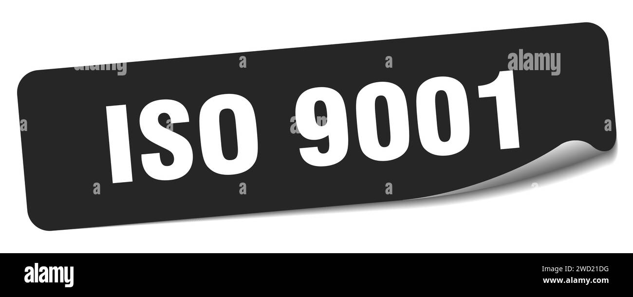 Aufkleber nach iso 9001. Rechteckiges iso 9001-Etikett isoliert auf weißem Hintergrund Stock Vektor