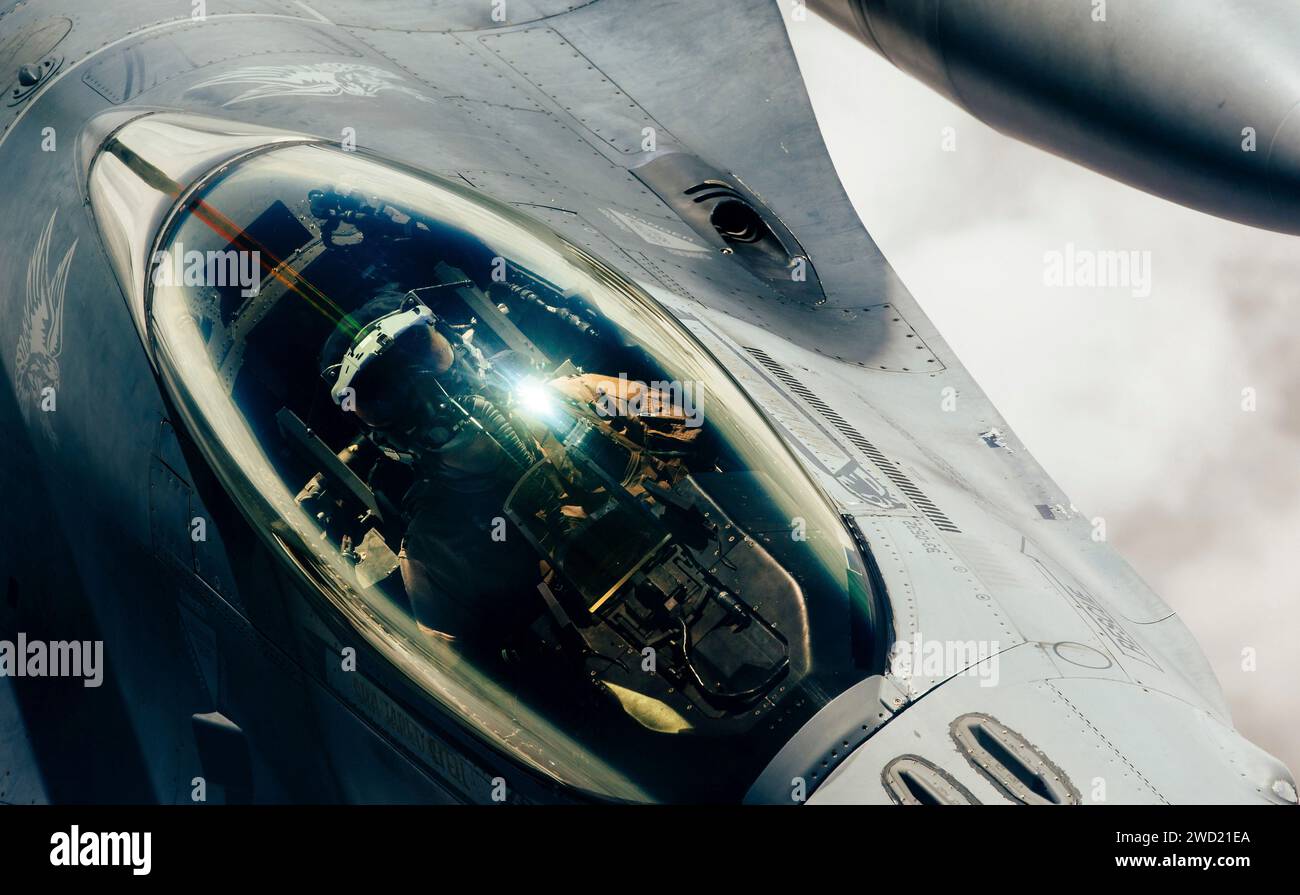 Eine F-16 der US-Luftwaffe kämpfte gegen Falken während einer Mission über dem Nahen Osten. Stockfoto
