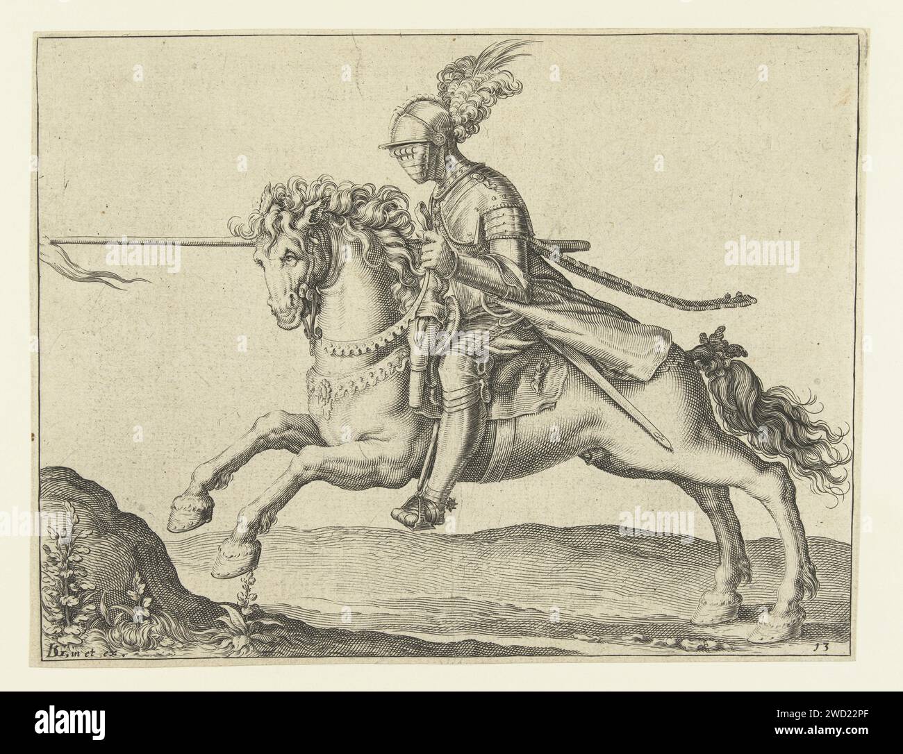 Speerreiter, angreifend nach links, Jacques de Gheyn (II) (Werkstatt oder), nach Jacques de Gheyn (II), 1599 drucken Ein geschirmter Mann zu Pferd (Speerreiter) fährt in Angriffsposition, mit stimulierter Lanze, nach links. Dieser Druck ist Teil einer Serie von 22 nummerierten Drucken: Ein Titelabdruck, 20 Abzüge, auf denen eine oder einige verschiedene Arten von (am meisten gegurteten) Fahrern zu sehen sind, und ein Abdruck mit einem Reiterkampf. Druckerei: Leidenprint Maker: Netherlandspublisher: Leiden Papierstich Kriegsführung; militärische Angelegenheiten (+ Kavallerie, Reiter). Helved-Waffen, Polearms (zum Schlagen, Hacken, Schieben) Stockfoto