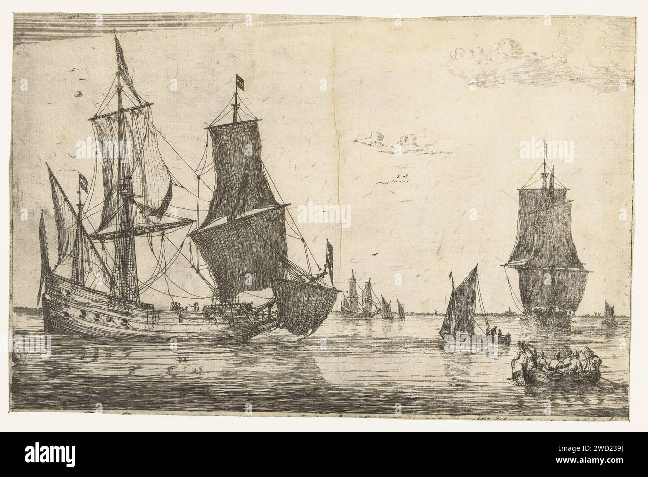 Binnenwasser mit Pfeife, Reinier Nooms, 1650 - 1664 Druck Binnenwasser mit einem großen Pfeifschiff von der Seite, einem Ruderboot und einer Reihe anderer Segelschiffe. Niederlande Papierätzung Segelschiff, Segelboot (mit NAMEN) Stockfoto