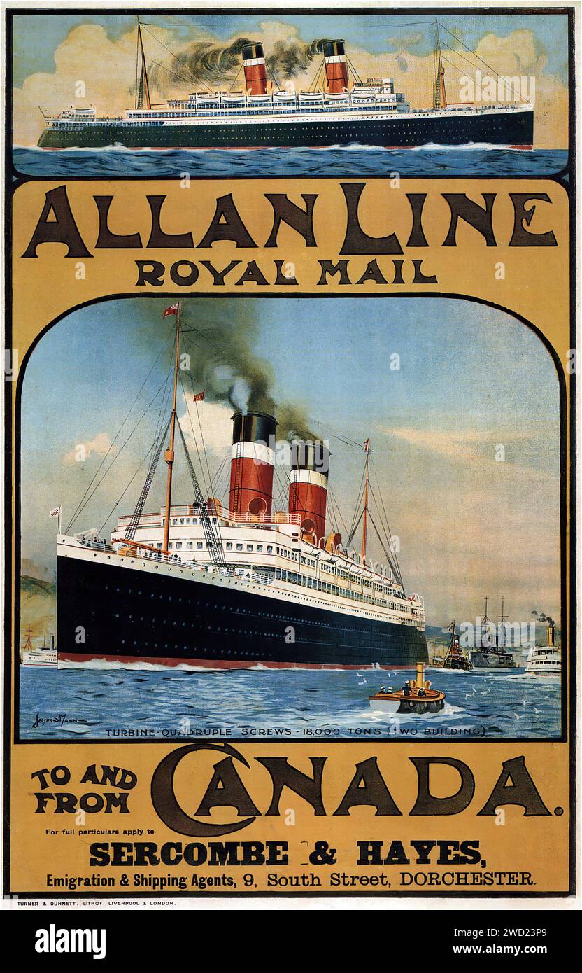 „ALLAN LINE ROYAL MAIL“ das Plakat aus dem Jahr 1913 zeigt das Dampfschiff Allan Line Royal Mail und unterstreicht dessen Größe und die majestätische Seefahrt des frühen 20. Jahrhunderts. Der Stil ist detailliert und realistisch, wobei der Schwerpunkt auf dem beeindruckenden Design und den Fähigkeiten des Schiffes liegt. Stockfoto