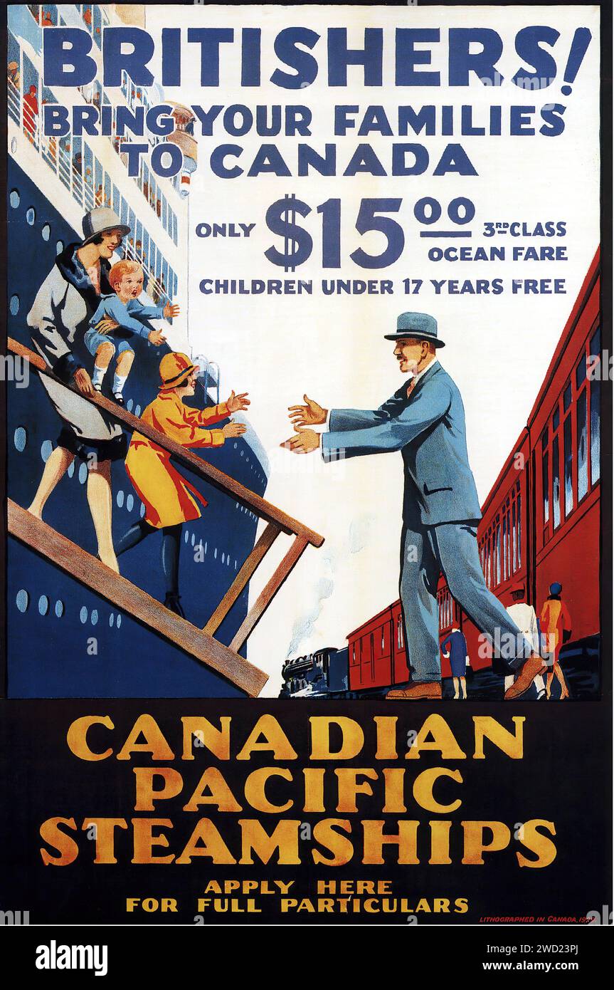 Canadian Pacific Ad 1929 die Werbung für kanadische pazifische Dampfschiffe aus dem Jahr 1929 zeigt eine geschäftige Szene von Passagieren, die an Bord eines Dampfschiffes gehen, wobei der Schwerpunkt auf Familienreisen liegt. Im Hintergrund ist ein Zug sichtbar, der die Verbindung zwischen Schiene und Seeverkehr symbolisiert. Der Text fördert erschwingliche Tarife und betont die Zugänglichkeit des Fernverkehrs zu diesem Zeitpunkt. Der Stil ist illustrativ und farbenfroh, mit actionorientierten Bildern, die typisch für die Werbekunst der späten 1920er Jahre sind. Es hat eine gewisse Verspieltheit und Zugänglichkeit. Stockfoto