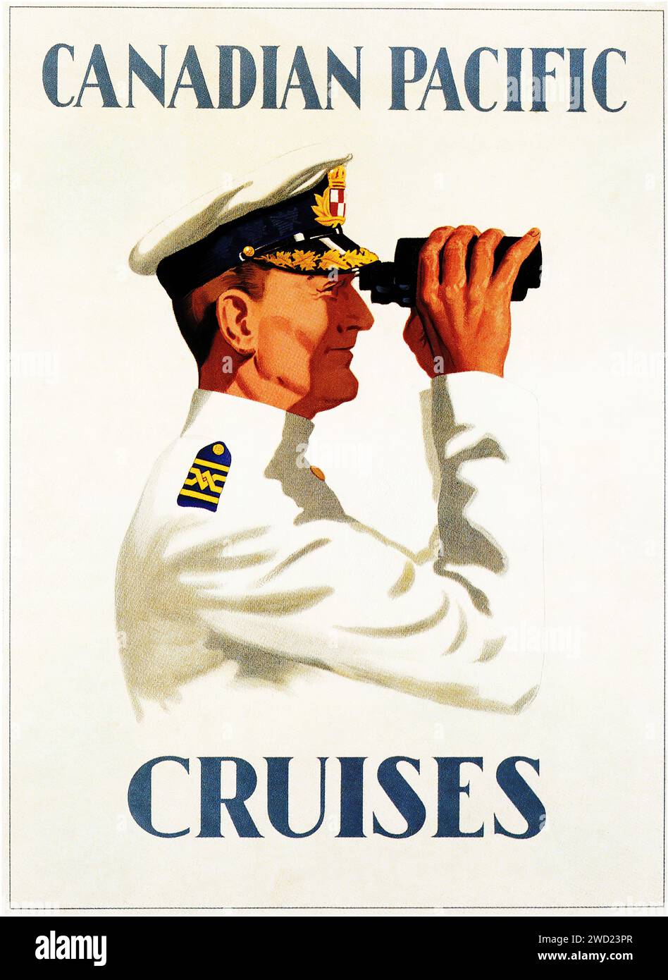 Canadian Pacific Cruises 1925 auf dem Poster von 1925 Canadian Pacific Cruises ist vor einem sauberen, weißen Hintergrund eine Nahaufnahme eines Schiffskapitäns zu sehen, der durch ein Fernglas blickt. Der Fokus auf den Kapitän deutet auf Zuverlässigkeit und Fachwissen hin, wichtige Verkaufsargumente für Kreuzfahrten zu dieser Zeit. Dieses Bild hat einen realistischeren Stil mit detaillierter Darstellung der Merkmale des Kapitäns und einer einheitlichen Darstellung. Die Einfachheit des Hintergrunds hebt die zentrale Figur hervor. Stockfoto