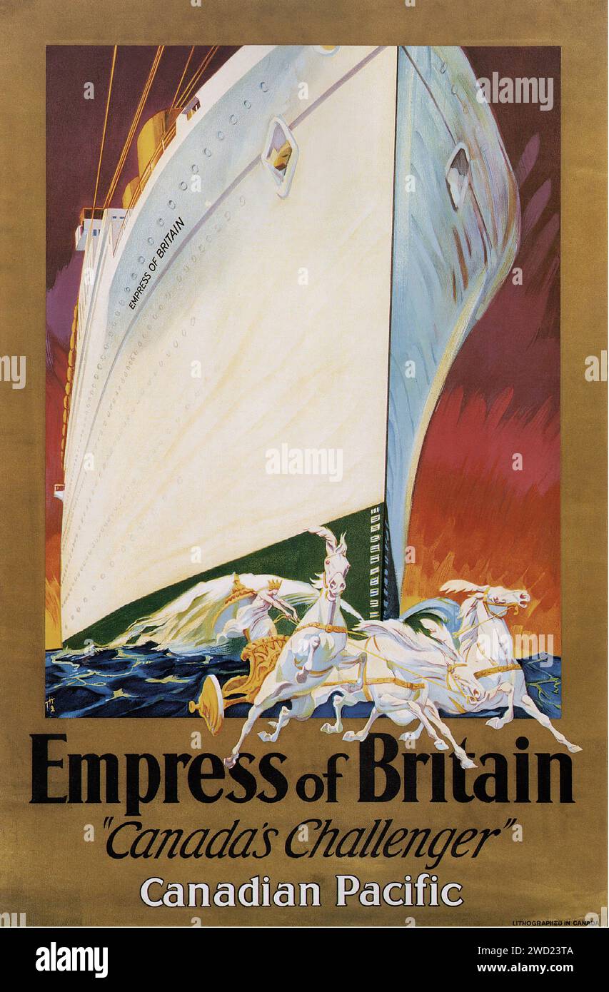 „EMPRESS OF BRITAIN“ „CANADA's CHALLENGER“ CANADIAN PACIFIC“ dieses Poster zeigt das Ozeanschiff Empress of Britain, dargestellt als hoch aufragendes und elegantes Schiff. Der weiße Rumpf des Schiffes steht im Kontrast zu den tiefen Rot- und Blautönen des Hintergrunds, und mythische Figuren auf weißen Pferden begleiten das Schiff und fügen ein fantastisches Element hinzu. Der visuelle Stil kombiniert Art déco-Elemente mit einem mythologischen Thema, was die Größe des Schiffes und die epische Natur der Seereisen andeutet. Die Verwendung der Perspektive verleiht dem Schiff eine majestätische und imposante Präsenz. Stockfoto