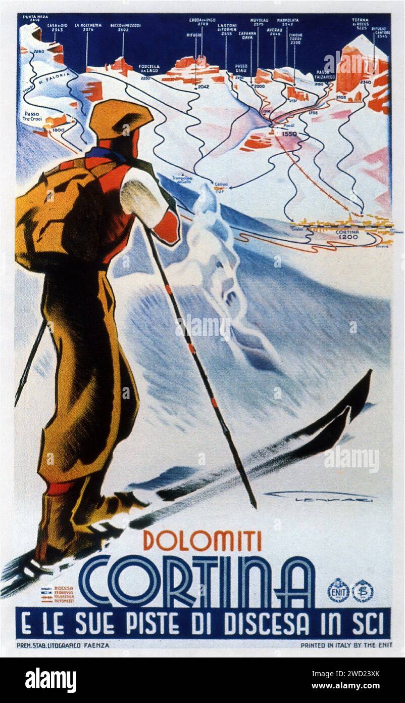 „DOLOMITI CORTINA“ „E LE SUE PISTE DI DISCESA IN SCI“ „Franz Lenhart“ „Dolomiti Cortina“ „und seine Abfahrtsskipisten“ „Franz Lenhart“ Ein Reiseplakat, das einen Skifahrer zeigt, der die Pisten mit der Karte des Skigebiets Cortina im Hintergrund abfährt. Es ist ein dynamisches Poster im Stil der 1930er Jahre, das das beliebte Skiziel mit lebhaften Farben und actionorientierten Bildern hervorhebt. Stockfoto