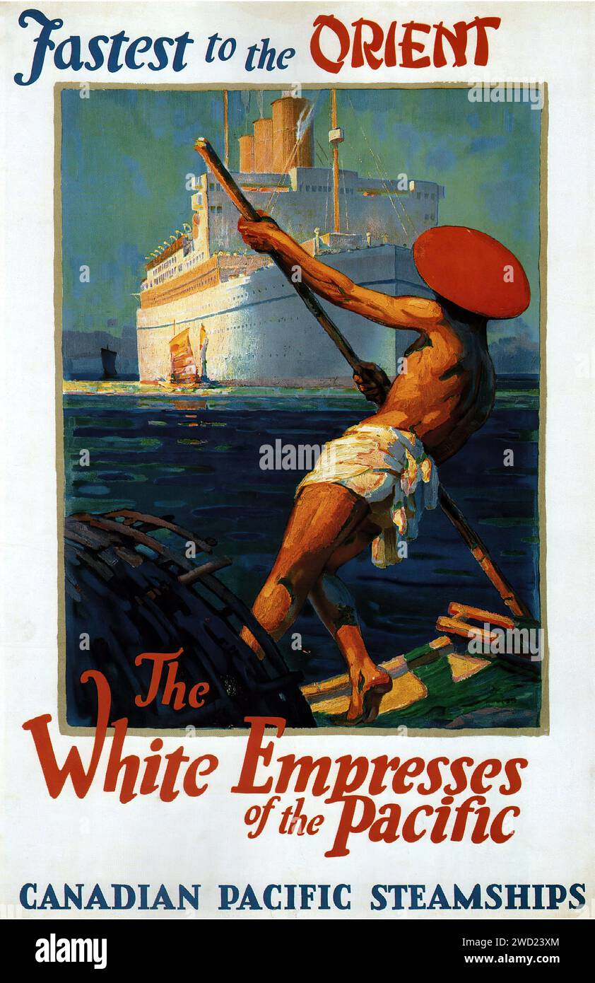 „Am schnellsten in den Orient“ „die Weißen Kaiserinnen des Pazifiks“ „KANADISCHE PAZIFIK-DAMPFSCHIFFE“ Ein farbenprächtiges Poster mit einer muskulösen Figur, die ein kleines Boot rudert und auf einen großen weißen Ozeanliner blickt, der als eine der „Weißen Kaiserinnen des Pazifiks“ bezeichnet wird. Sie fördert die kanadischen pazifischen Dampfschiffe als schnellste Route in den Orient. Der Stil erinnert an die Kunst des frühen 20. Jahrhunderts mit einem Fokus auf Stärke und Geschwindigkeit. Stockfoto