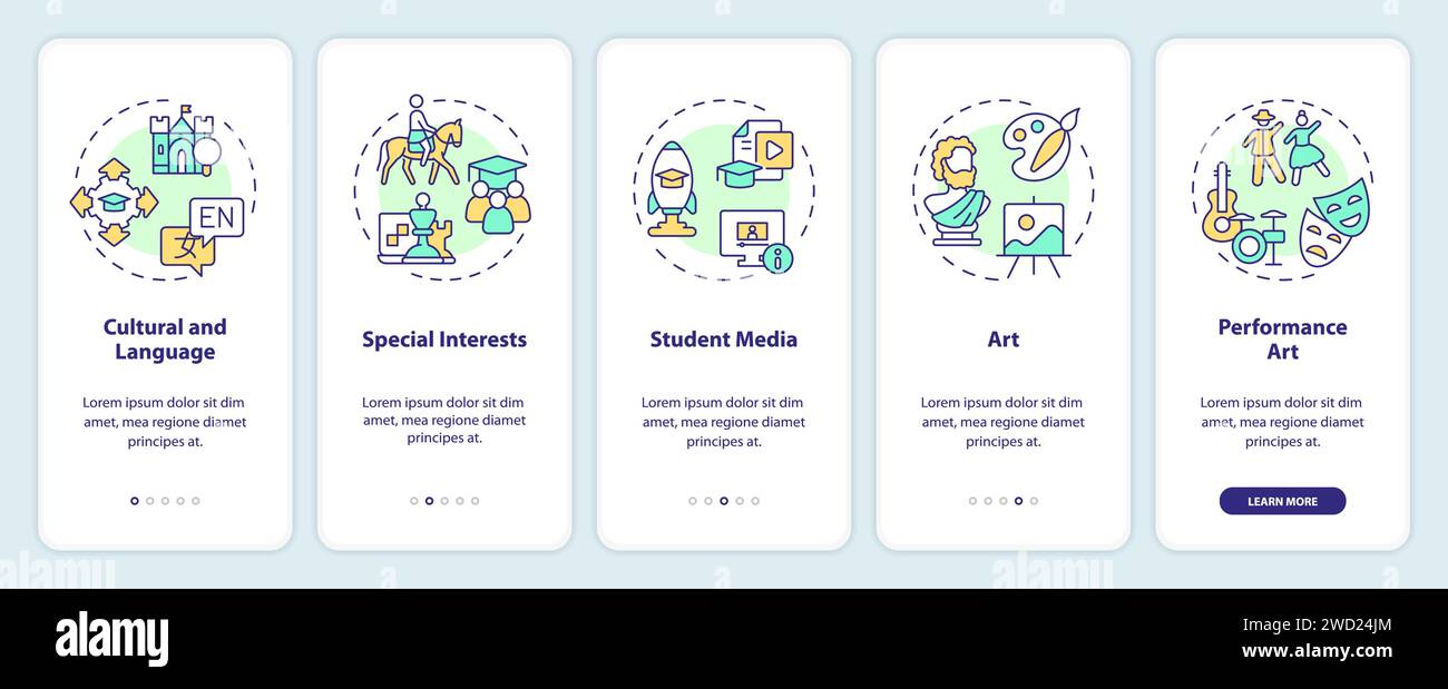 Rundgang Arten von außerschulischen Aktivitäten mit Symbolen Stock Vektor