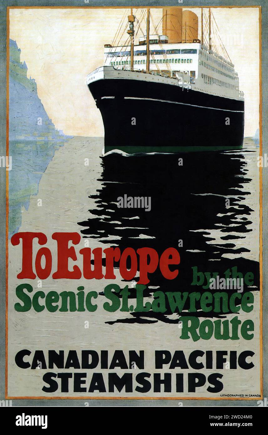 "Nach Europa durch die Scenic St. Lawrence Route Canadian Pacific Steamships' dieses Poster zeigt ein großes Schiff auf der St. Lawrence Route mit der Küste im Hintergrund. Er hat eine Vintage-Reiseästhetik mit auffälligen Schriftzügen und einer begrenzten Farbpalette, die die Pracht des Ozeanschiffers unterstreicht. Stockfoto