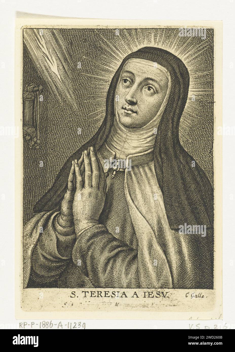 St. Teresa, Sheped Adamsz. Bolswert, nach Peter Paul Rubens, 1596 - 1659 Druckpapier mit Gravur der Gründerin der reformierten Karmeliten, T(h)eres(i)a von Avila; mögliche Attribute: engel, Pfeil, Taube, Herz (flammend oder durch einen Pfeil durchstochen) Stockfoto