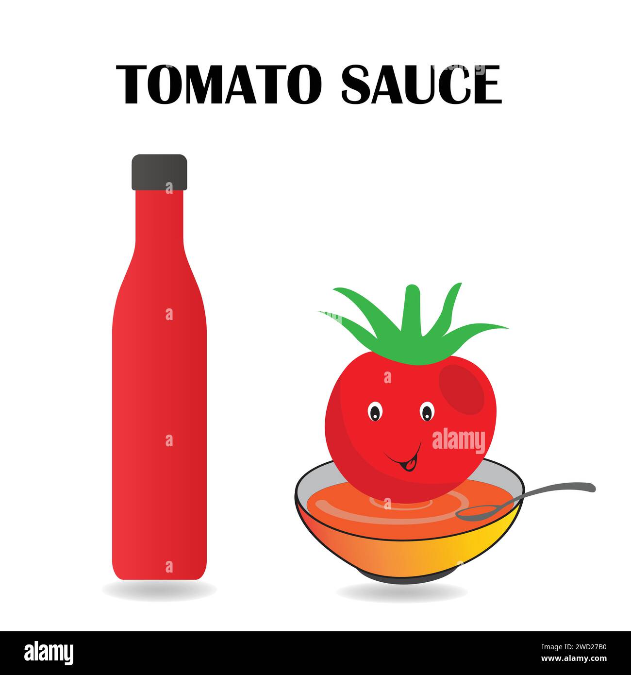 Tomatensauce in einer Flasche und in einer Schüssel mit einem lustigen Tomatencharakter und Text Stock Vektor