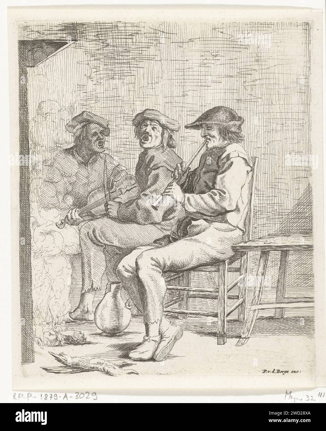 Drei Musiker Männer, Willem Basse, nach Adriaen Brouwer, 1633–1672 drucken drei Musiker Männer sitzen vor einem Kamin. Ein Mann spielt Pfeife, eine andere Geige, der dritte singt. Amsterdamer Papierätzung / Gravur eine Person, die Streichinstrument spielt (geschweift). Eine Person spielt Blasinstrument. Musiker, die Sänger begleiten Stockfoto
