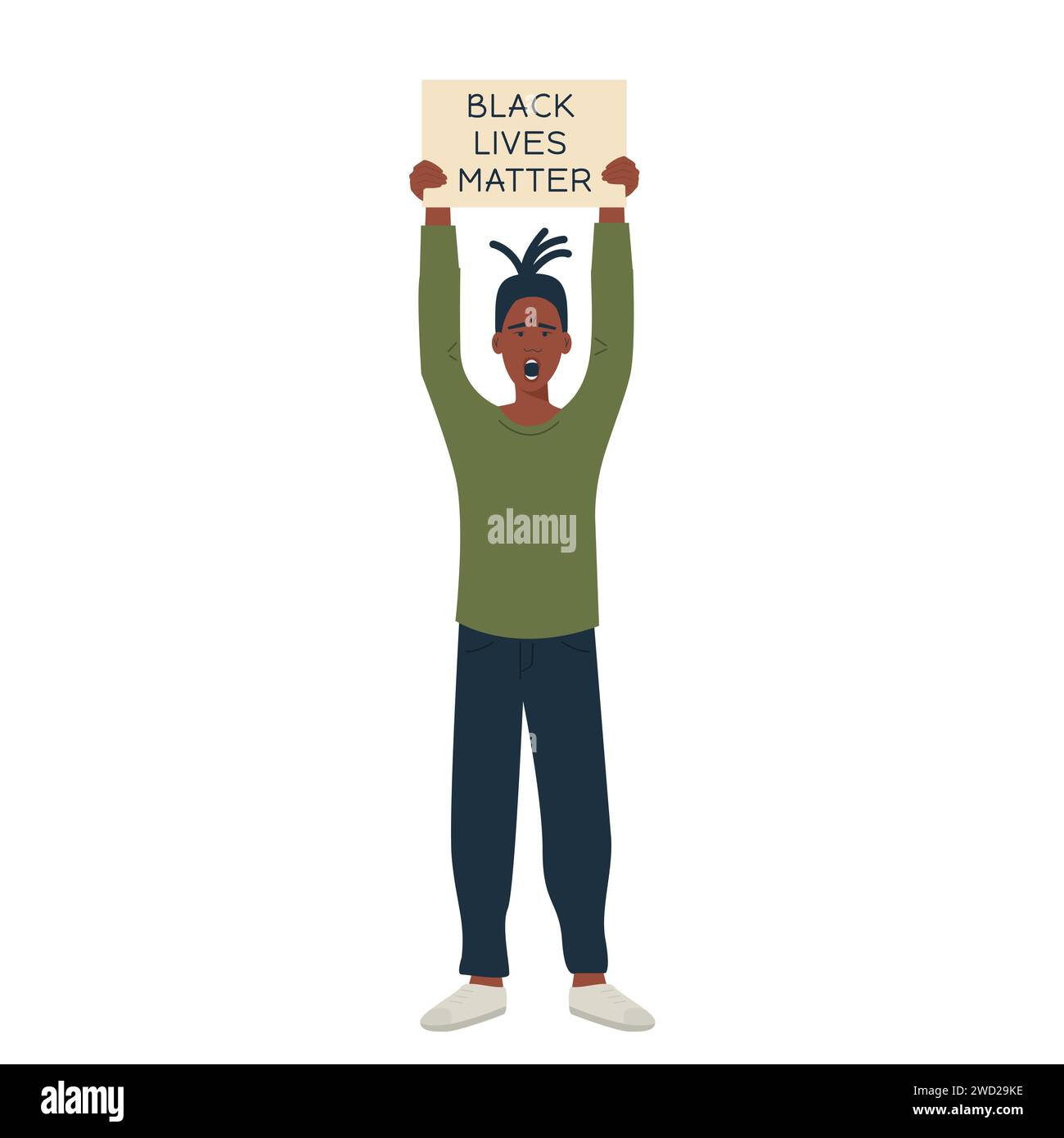 Afroamerikanischer Demonstrant, Hände halten Plakat. Schwarzer Mann protestiert, kämpft für die Manifestation der Menschenrechtsrebellisten. Illustration des flachen Vektors Stock Vektor