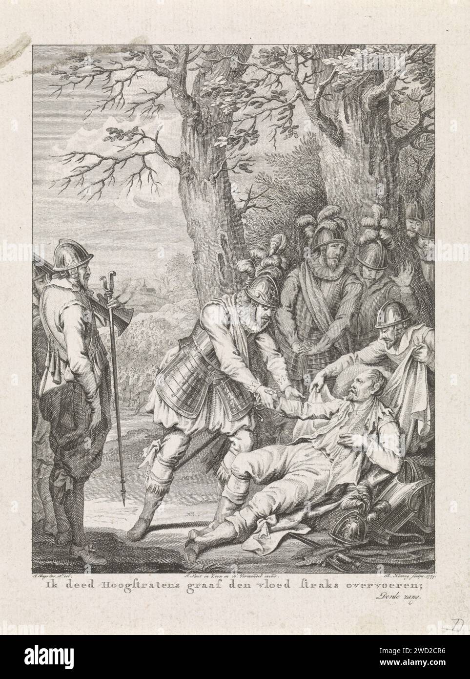 Tod des Grafen von Hoogstraten, 1568, Theodoor Koning, nachdem Jacobus kauft, 1779 gedruckt am 11. Dezember 1568 stirbt Anthony van Lalaing, Graf von Hoogstraten, inmitten von Soldaten, während seine Hand von Prinz Wilhelm I. gehalten wird Dieser Druck ist Teil einer Serie von 24 Drucken mit Szenen aus dem Leben von Prinz Wilhelm I., 1568-1584 und ist eine Illustration des dritten Gesangs. Amsterdamer Papierstich-Färbung Stockfoto