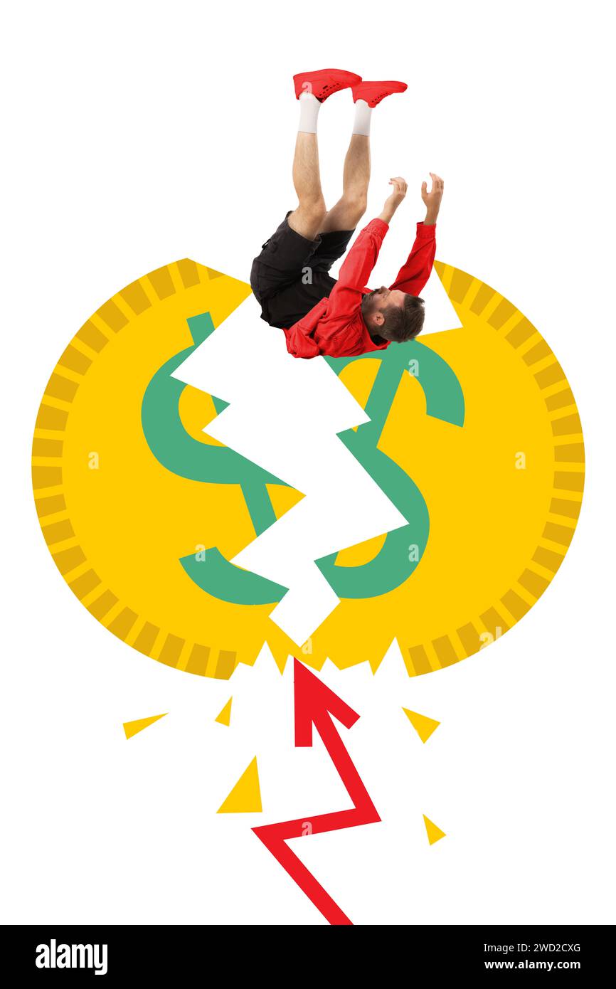Zeitgenössische Kunstcollage. Inflation und Einsparungen. Arrow bricht Münze und männlicher Unternehmer fliegt verzweifelt nach unten. Stockfoto
