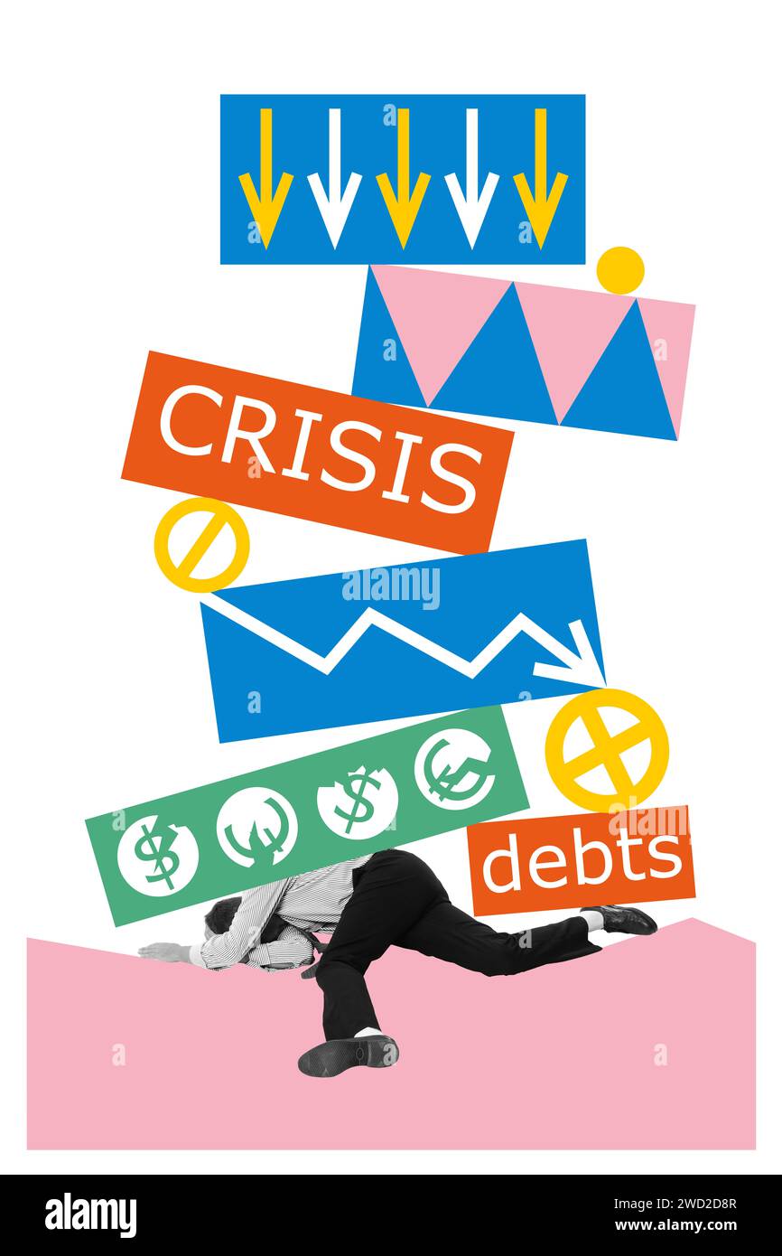 Zeitgenössische Kunstcollage. Konkurs. Ikonen mit zerstörten Münzen und Worten Krise und Schulden fallen auf verzweifelte Menschen. Stockfoto