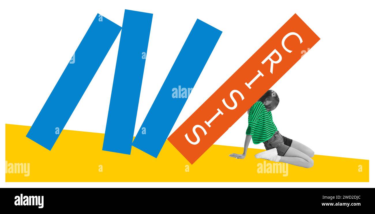 Zeitgenössische Kunstcollage. Junge Frau, Angestellte sitzt und versucht, Säulen der Finanzkrise zu stoppen, die auf sie zusammenbrach. Stockfoto