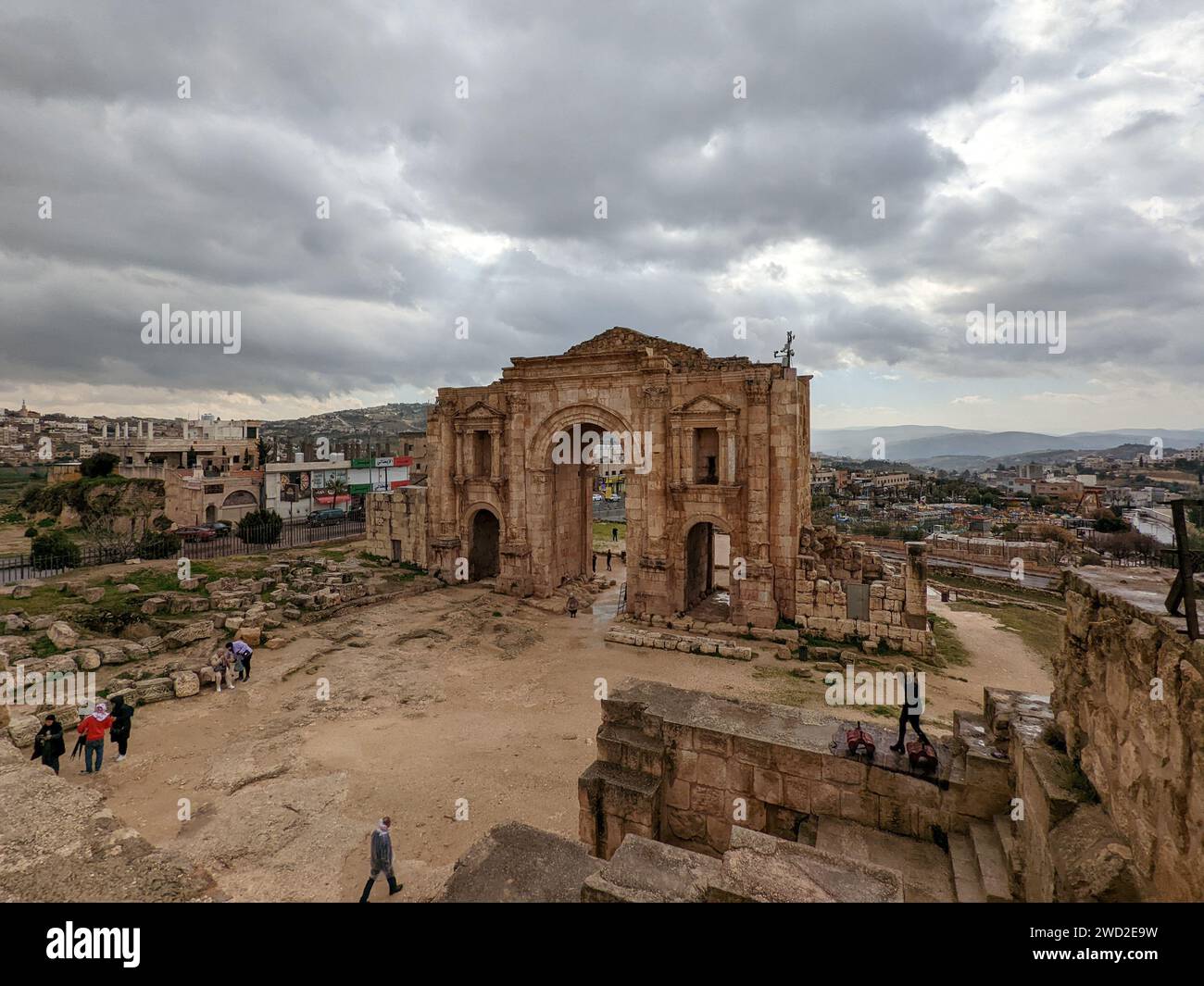 Antike römische Bauten in Jerash Stadt, Gerasa, Jordanien, hippodrom, Amphitetheater, Theater und Säulen der antiken römischen Zivilisation aus Sand Stockfoto