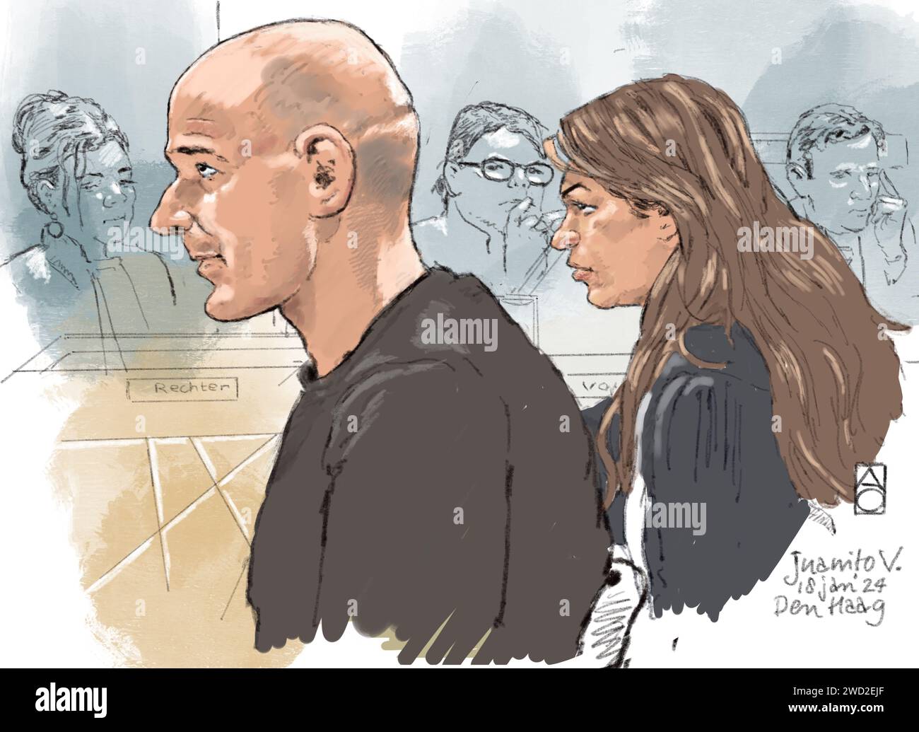 DEN HAAG - Gerichtsverhandlung des Verdächtigen Juanito V. (L) aus Belgien und seines Anwalts. V. wird verdächtigt, seine 33-jährige Freundin zu Tode erstochen zu haben, als sie ein Haus auf Frederik van Eedenlaan in Delft verließ. ANP ALOYS OOSTERWIJK niederlande Out - belgien Out Stockfoto