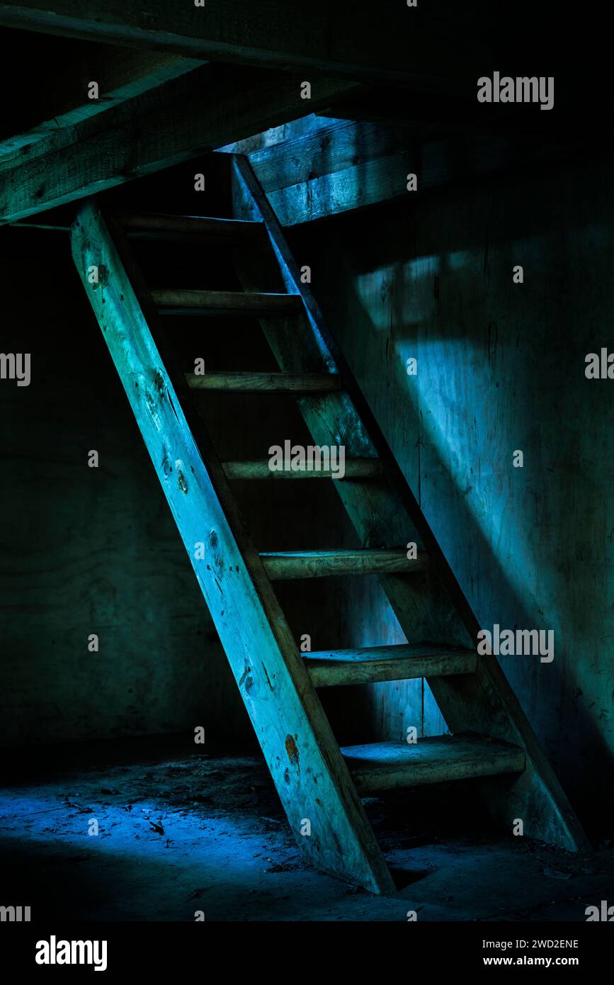 Holztreppen in einem schwach beleuchteten Raum. Stockfoto