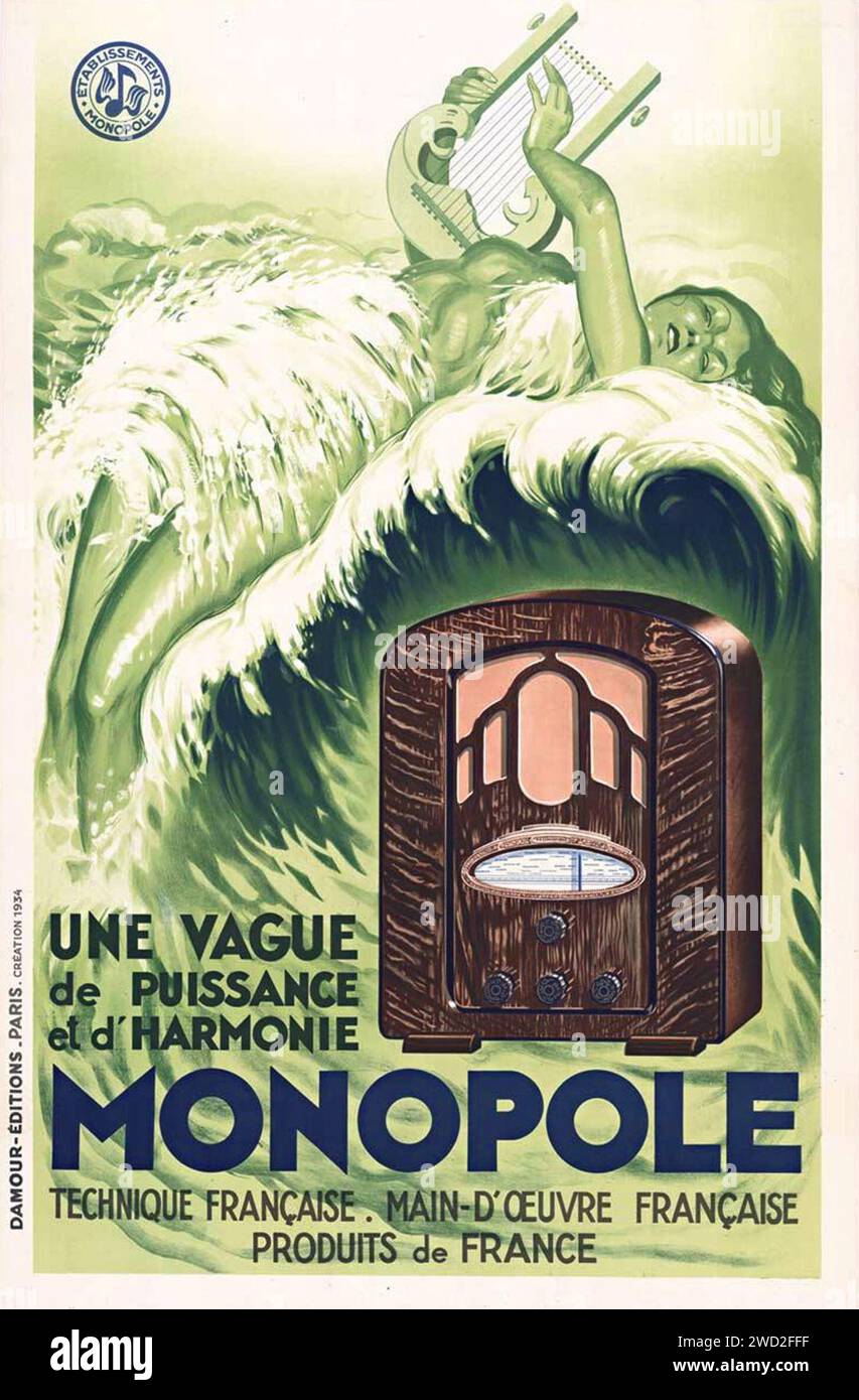 Art Deco Poster - Monopole Radio - Meerjungfrau mit Harfe - Vintage französisches Poster, 1934 - alte Radiowerbung Stockfoto