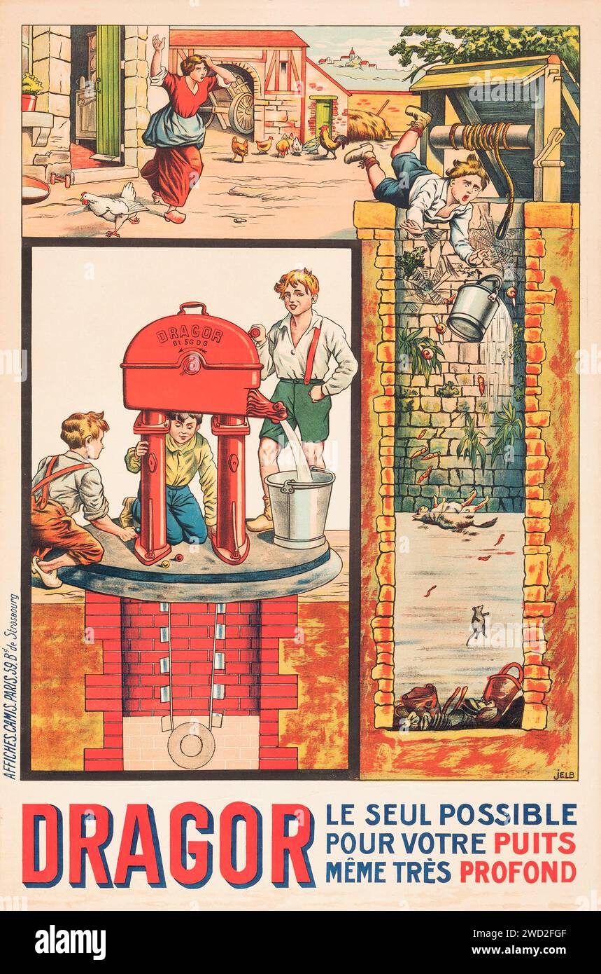 Dragor Wasserpumpe (1935). Französisches Werbeplakat. Jelb-Kunstwerk. Junge, der sich in einen guten Zustand verwandelt. Stockfoto