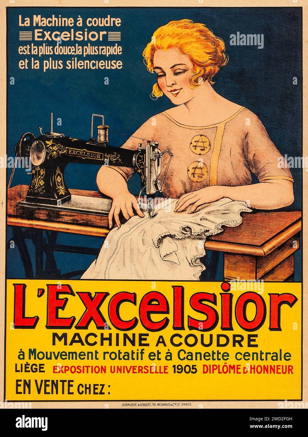 Excelsior Nähmaschine (Wight & Mann, 1910er Jahre) französisches Werbeplakat mit einer Frau, die mit einer Nähmaschine näht. Stockfoto