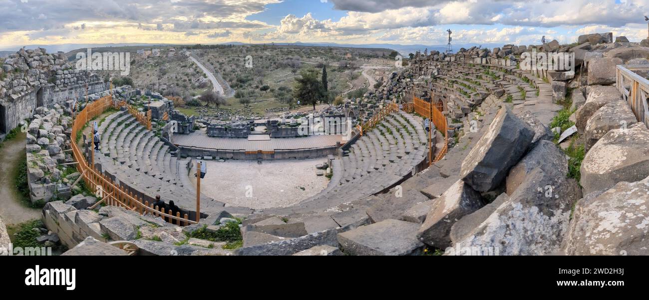 Reise nach Jordanien. Kulturelle und natürliche Seite von Umm Qais und die Ruinen des alten Gadara. Ancient Roman city.in der äußerste Nordwesten des Landes Stockfoto