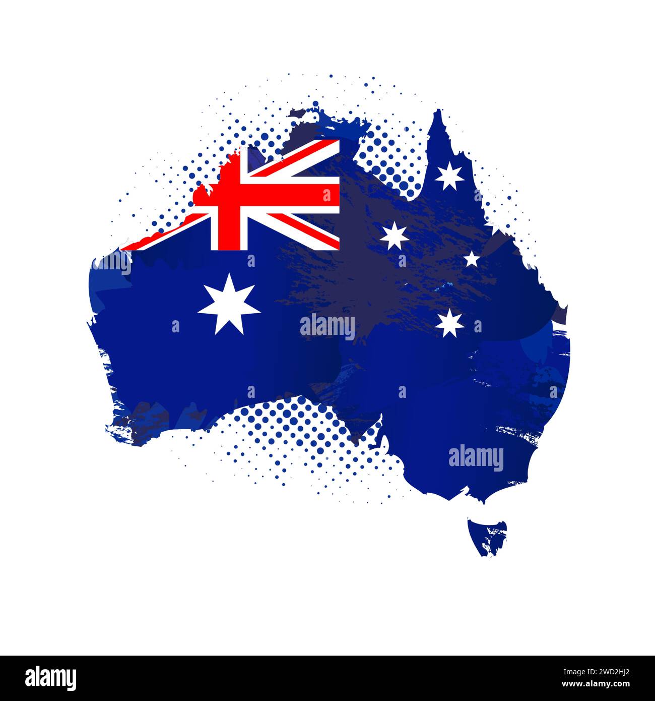 Karte von Australien mit strukturierter Grunge-Flagge und Punkten. Silhouette der australischen Karte mit Nationalflagge. Vektorabbildung Stock Vektor