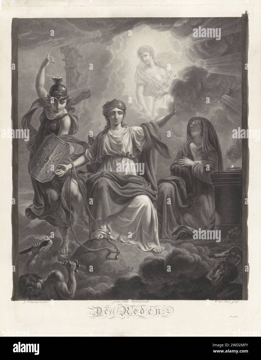 Allegorische Darstellung von de Rede, Willem van Senus, nach Jan Kamphuijsen, 1802–1819 Druck Rede sitzt mit einem Altar, mit einem Zügel um den Arm und einem Schwert auf dem Schoß. Sie stützt ihre Füße auf einer Kugel. Sie wird von zwei allegorischen Figuren flankiert. Über ihnen schaut der Frieden aus den Wolken. Unten links eine Figur mit einem gebrochenen Schwert und einer Atemfackel dreht seinen Blick. Drucken Sie unter den Titel. Papiergravur Symbole, Allegorien des Friedens, „Pax“; „Pace“ (Ripa). Weisheit; 'Sapienza', 'Humana Sapienza', 'Wahre Sapienza' (Ripa). Truth; TRAPE (RIPA). Glaube, „Fides“; „Fede“, „katholischer glaube“, „Christi“ Stockfoto