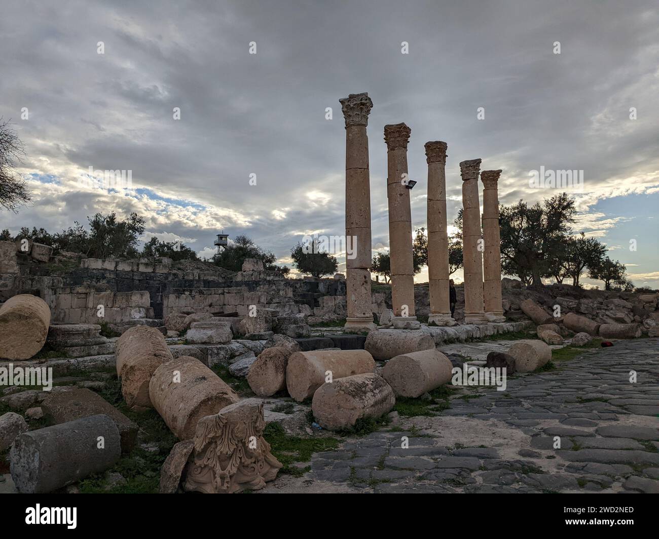 Reise nach Jordanien. Kulturelle und natürliche Seite von Umm Qais und die Ruinen des alten Gadara. Ancient Roman city.in der äußerste Nordwesten des Landes Stockfoto