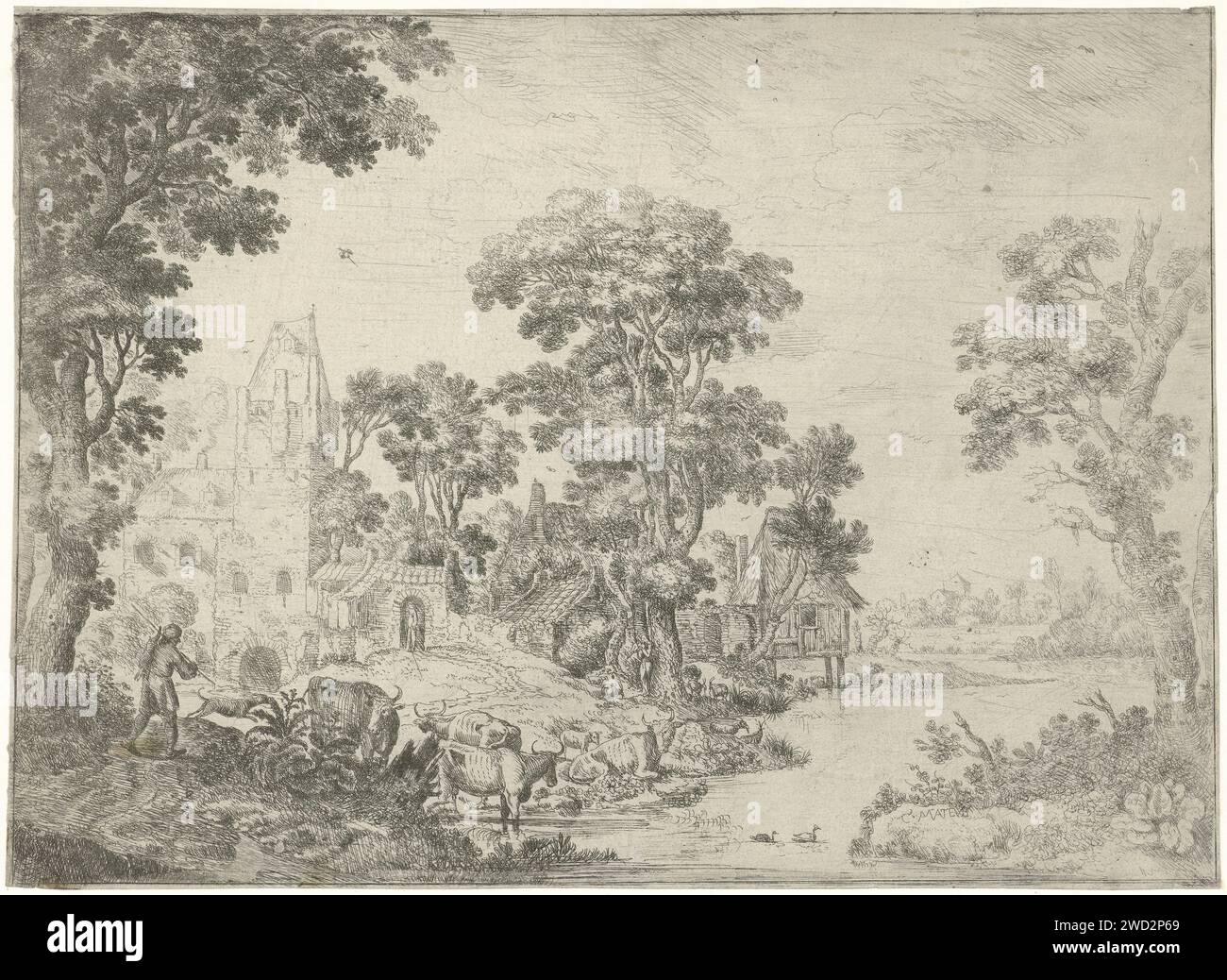 Rückkehr von de Jager, Cornelis Matthieu, 1637 - 1656 Drucken Ein Jäger geht mit seinem Fang auf einem Stock auf einem Dorf und einem Schloss auf dem Wasser. Sein Jagdhund geht auf ihn und auf dem Wasser sind Kühe. Antwerpener Papier, das die Beute der Jagd, des Wildes, des Wildbredes ätzt. Kuh. Rückkehr von der Jagd. Landschaft mit Turm oder Schloss Stockfoto