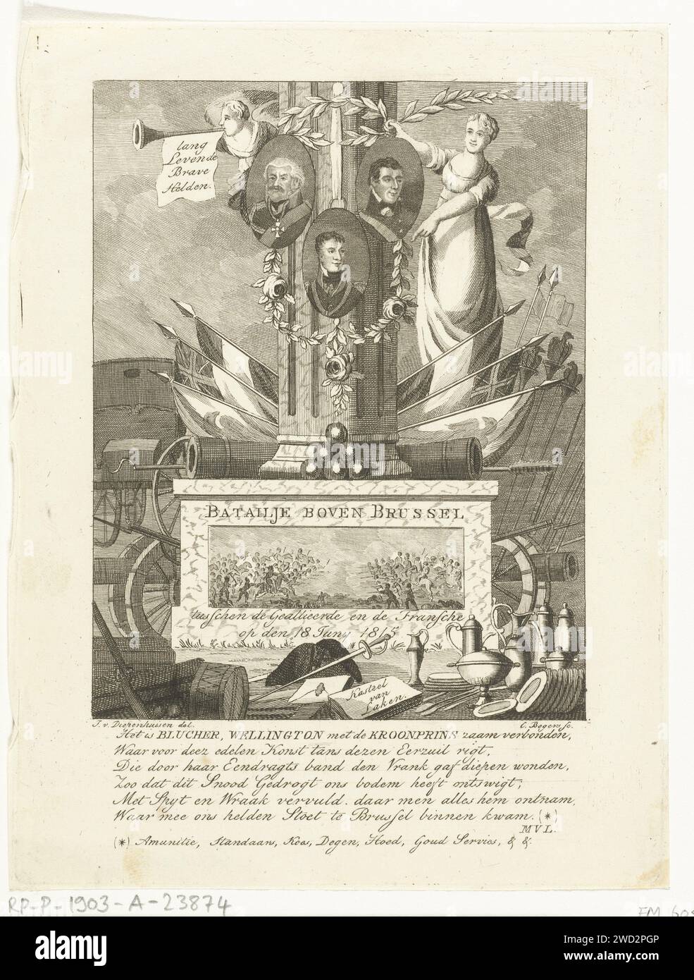 Gedenksäule für die Schlacht von Waterloo, Cornelis Bogerts, nach Johannes van Diepenhuijsen, um 1815 - um 1817 drucken auf dem Sockel ein Bild der Schlacht von Waterloo, genannt „Battalje oberhalb von Brüssel“. Die Porträts von Blücher, Wellington und dem Prinzen von Orange, dem späteren Willem II., hängen an der Säule. Eine junge Frau beschmiert die Säule mit Blumenmuscheln. Die Flaggen der Alliierten sind hinter der Säule hängen. Unter der Show ein niederländischer Vers über den Sieg, signiert M.V.L. Amsterdam Papier Gravur Denkmal, Statue Stockfoto