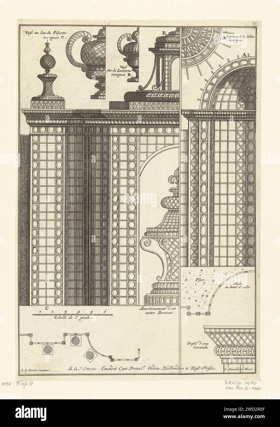 Hälfte Latwerkpaviljoen mit Details, Cornelis Danckerts (II), nach Pierre Lepautre, 1750–1765 Druck mit Rebellion und Plan. Aus 6 Zeitschriften, später als die Serie mit Latwerk-Pavillons von Justus Danckerts. Zweiter Druck. Papierätzung Stockfoto